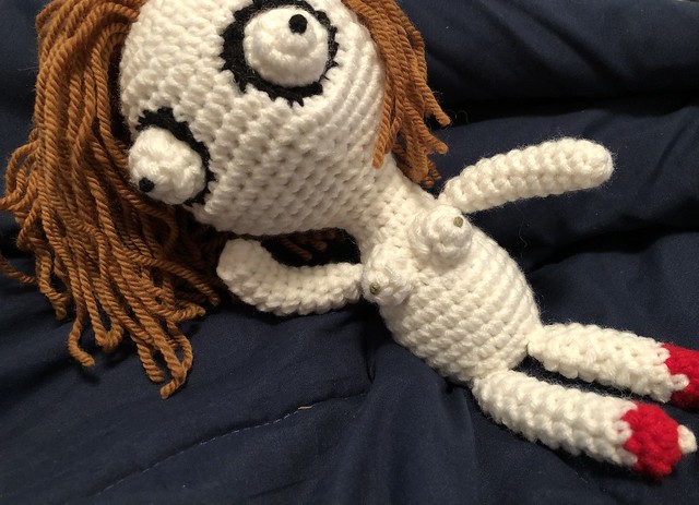 Now that she has hair, she’s decided to pursue modeling #crochet #creepycute #yarn #handmade #doll #original #zombie #ooak #ooakdoll #sewing #design