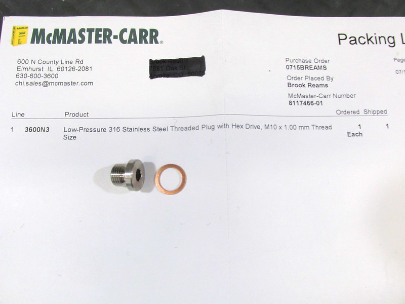 McMaster Carr Stainless Steel Plug With Copper Washer