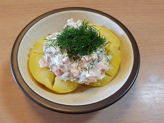 Cream Cheese, Sophie's Kitchen Smoked Salmon, capers, dill, baked potato