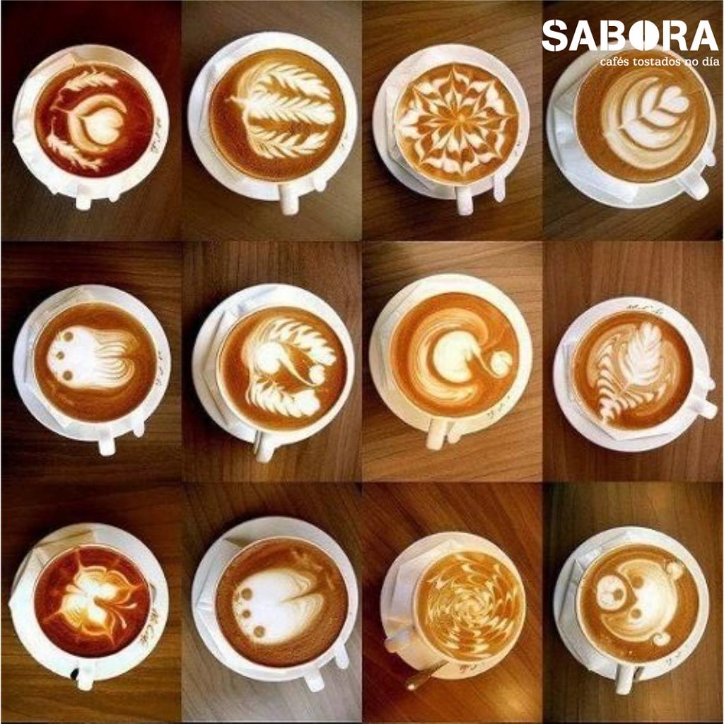 Selección de imágenes de cafés con distinto dibujos . Latte art.