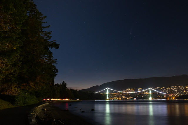 Stanley Park sea wall, Lions Gate Bridge, and Neowise