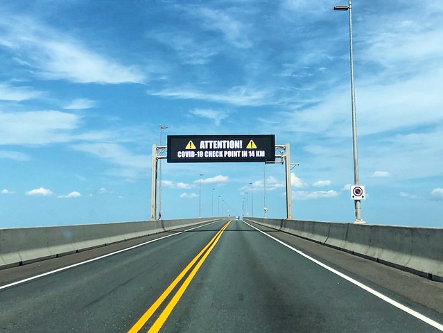 Covid-19 Checkpoint warning on getting on the Confederation Bridge, Cape Jourimain New Brunswick