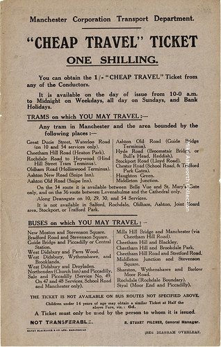 Manchester Corporation Transport Department - One Shilling "Cheap Travel" ticket leaflet, c1930