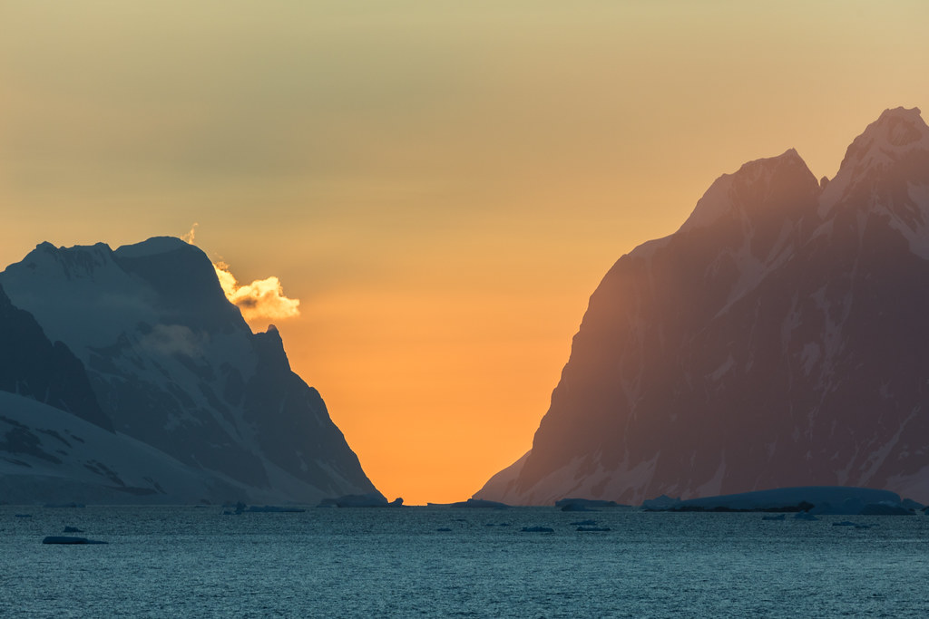 Almost midnight, sunset over Lemaire Channel, Antarctica