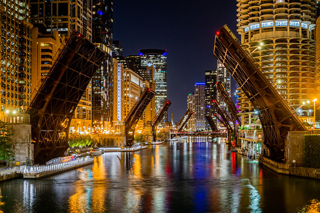 Chicago River Bridges Raised at Night Due to Civil Unrest 2020