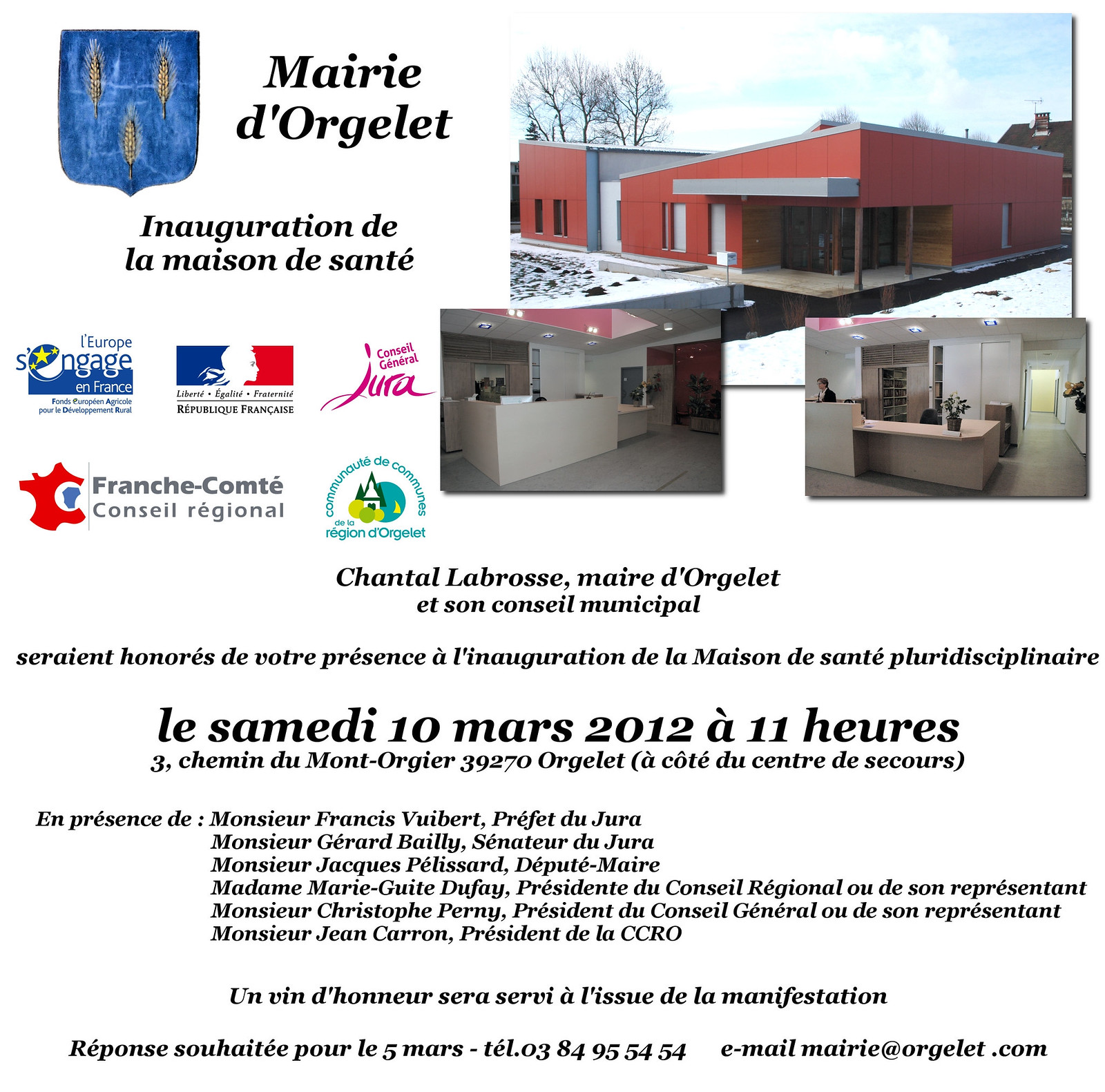 Carton d'invitation de l'inauguration de la maison de santé d'Orgelet en 2012