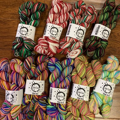 New Timber Yarns Twin Sock to land in the shop! Left to right, top to bottom: Ho Ho Ho, North Pole Candy Cane, St. Nick’s Candy Cane, Holly Berry, The Homer, Chocolate Glazed, Over The Rainbow and Tea Thyme and The Camper!