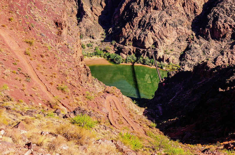 Near the end of the South Kaibab Trail, looking down onto the Black bridge over the Colorado