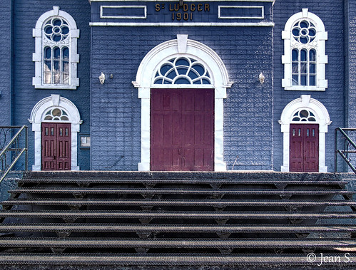 church stairs stairway doors red blue white windows