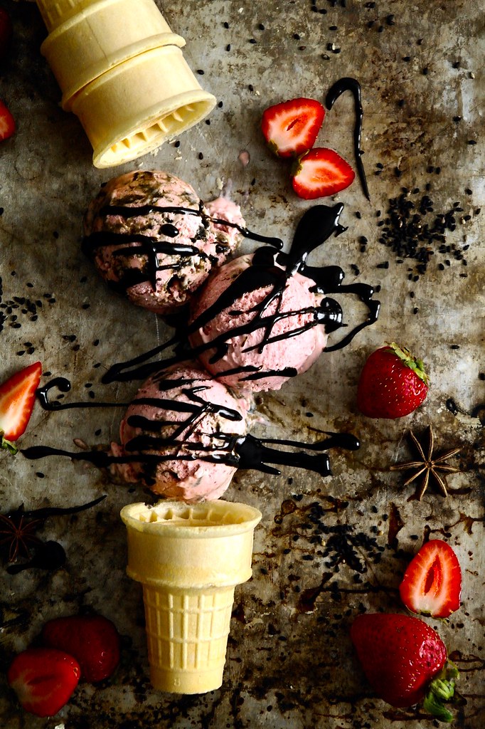 strawberry, star anise and black sesame caramel ice cream