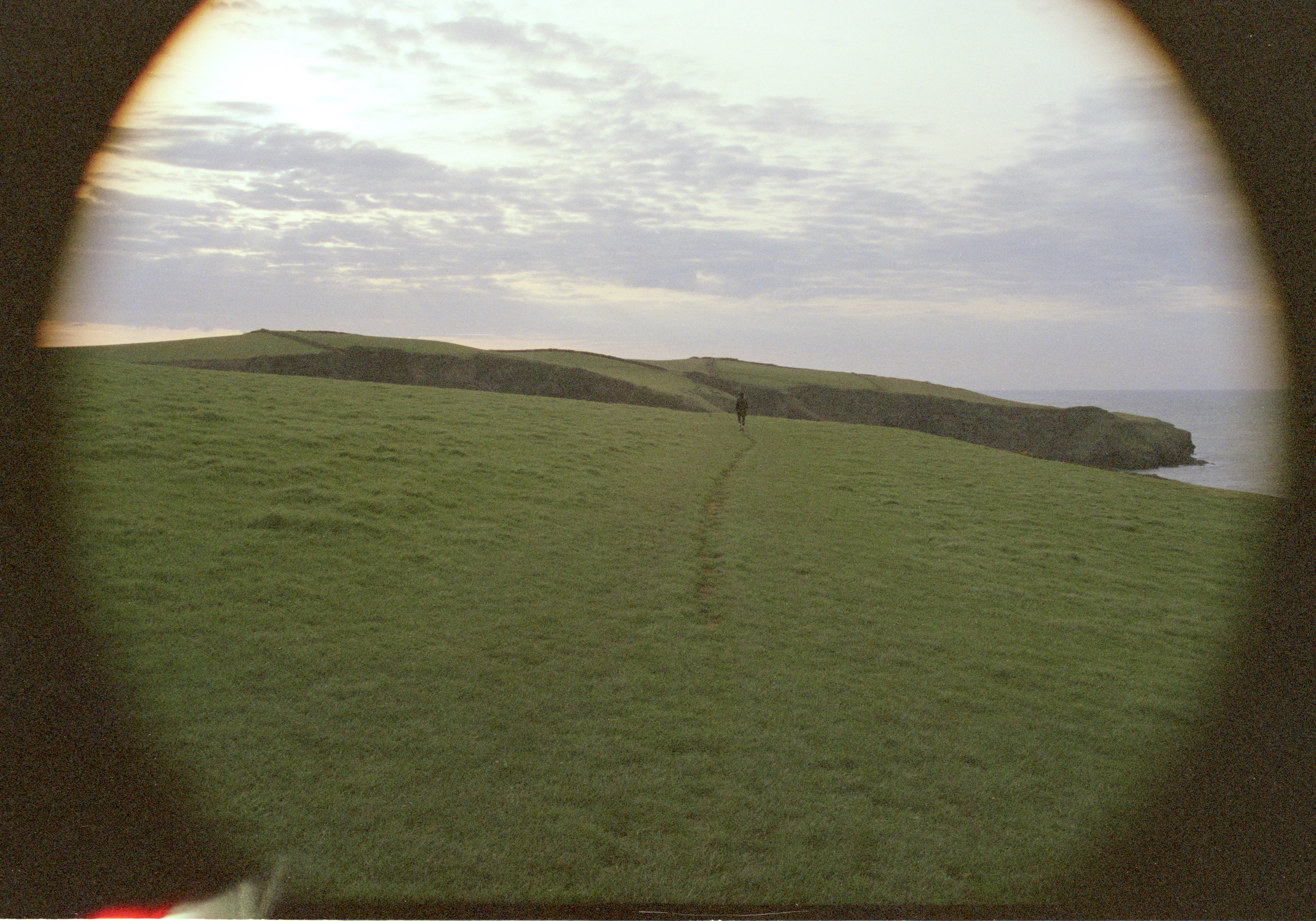 Lindsay walking in Port Isaac in grass with lens vignetting