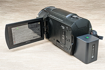 The flip-screen of the Sony FDR-AX43 can be rotated 180 degrees for taking selfies.