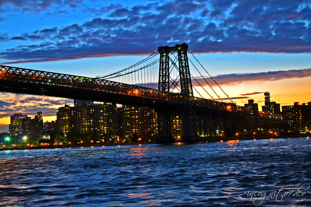 Williamsburg Bridge at Twilight & Manhattan View at Blue Hour from Domino Park Williamsburg Brooklyn New York City NY P00628 DSC_0481