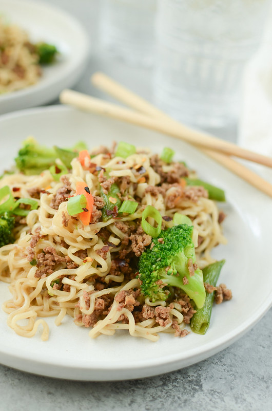 Ramen noodle skillet made with ground beef, broccoli, snowpeas, and carrots