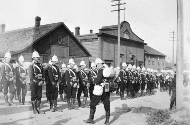 Roll Call , for the Yukon contingent of Canadian soldiers in front of drill hall on Pender Street 1898.