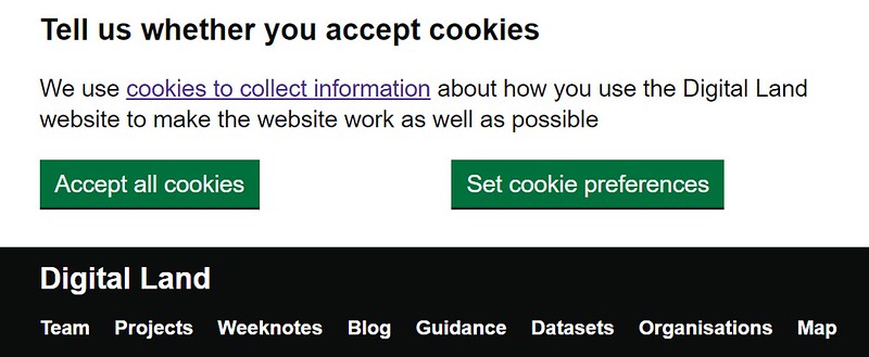 Screenshot of the Digital Land website cookie banner