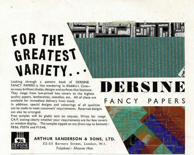 Dersine fancy papers; advert issued by Arthur Sanderson & Sons, London, 1935