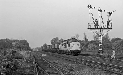 With demolition of the Ely North Junction semaphore signals getting under way, coal sector 'tractor' 37308 passes with the Claydon, Ipswich, -Toton coal empties on 14 May1988.