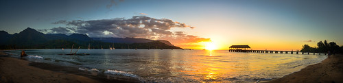 hawaii hi kauai hanalei bay sunset pacific ocean water reflection outdoors mountains travel panorama pano panoramic pier waves nature rwgrennan rgrennan ryan grennan beautiful beach nikon d610 boats clouds color