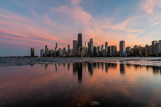 Chicago Skyline Pink Reflection Sunset
