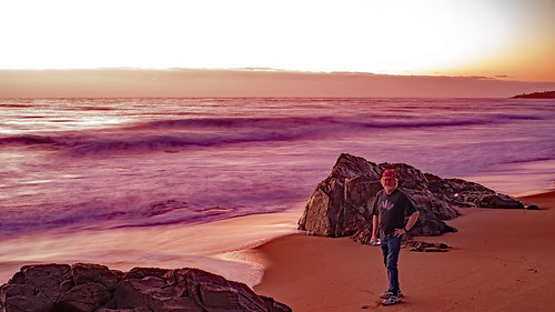 long Dawn Selfie by Leo(Blue)Mayer, Beach dawn selfie. long exposure.selfie long exposure sunrise beach water sand rocks