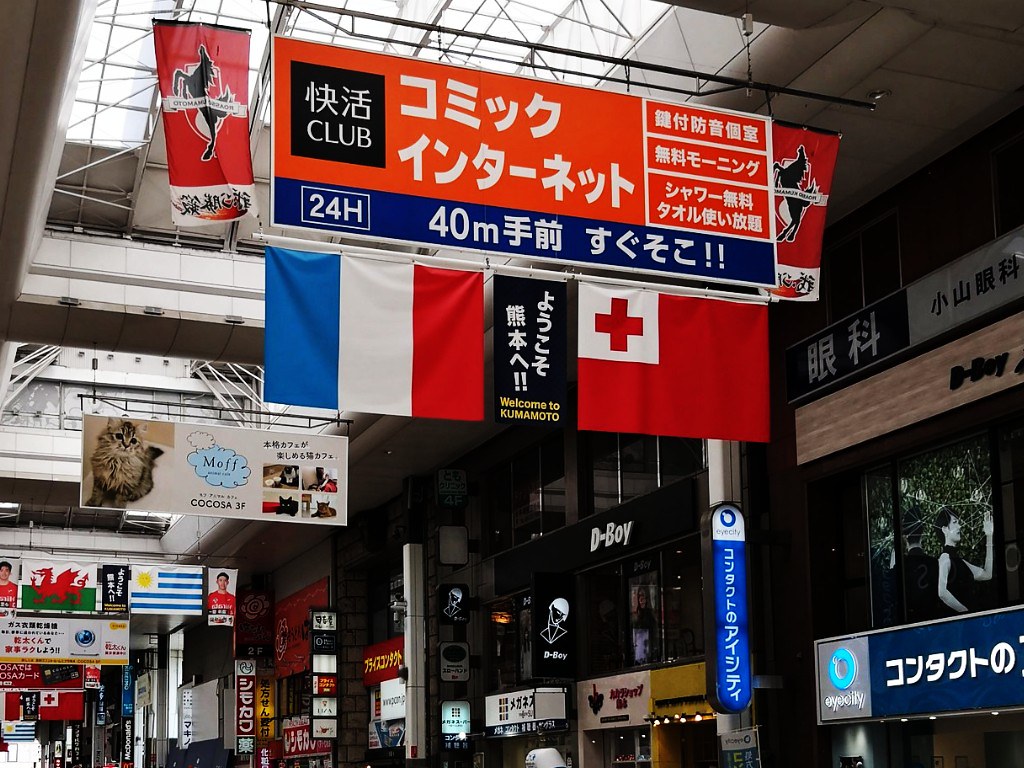 French and Tongan flags in Shimotori Shopping Arcade, Kumamoto