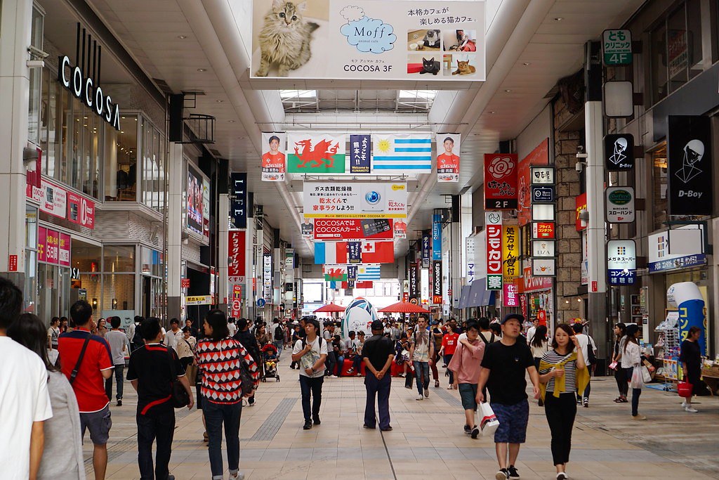 Flags of competing countries playing in Kumamoto RWC matches put up in Shimotori Shopping Arcade, Kumamoto