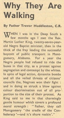 Father Trevor Huddleston's account of a meeting with the Revd Martin Luther King at the time of the Montgomery Bus Boycott, syndicated from the Observer and published in the 12th April 1957 edition of the Church of Ireland Gazette.