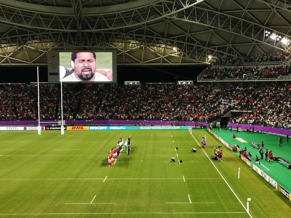 Welsh and Fijian national anthems before RWC match in Oita