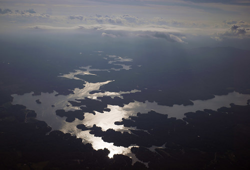 aerial clouds northcarolina landscape scenic reservoir reflection boatwakes