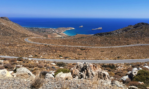 The road from Ziros to Xerokampos with the Lybian Sea and the Kavaloi Islands (Kefali, Kavallos, Anavatis) in the background