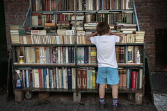 A boy immersed in books at street bookstore