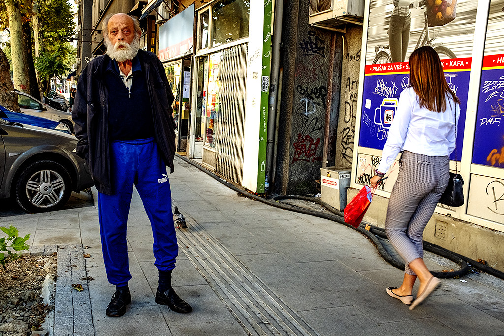 Old man and young woman on Cara Dušana on 9-4-20--Belgrade