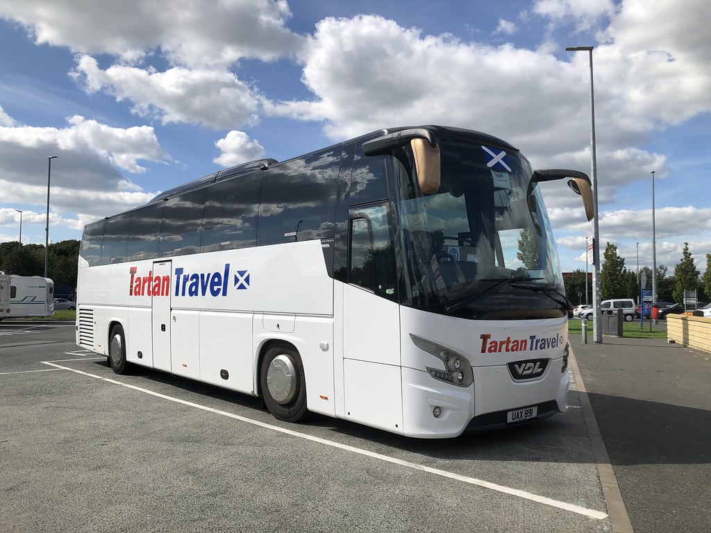 UAX891 VDL Futura operated by MacPhails Coaches, Salsburgh  operating in Tartan Travel livery - one of reincarnations of Shearings Group Caledonian Travel.  Seen at Wetherby Services 31/08/2020.