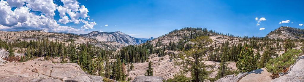 Olmsted Point Overlook in Yosemite National Park, 90-shot HDR panorma with Half Dome near the horizon