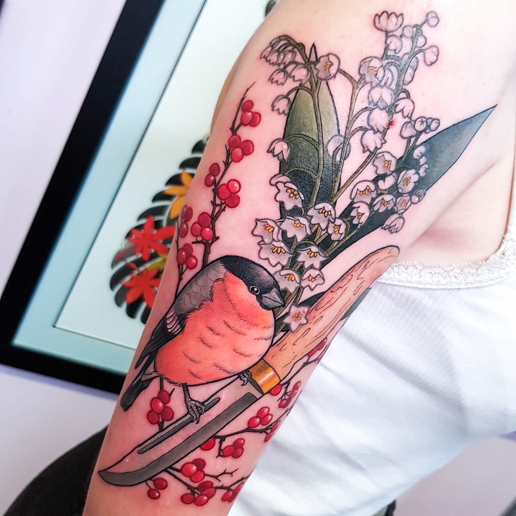 European bullfinch, nordic knife, lily of the valley and some berries.  @withlovetattoo #tattoo #ink #tattoos #lilyofthevalleytattoo  #europeanbullfinch #finchtattoo #birdtattoo #botanicaltattoo - a photo on  Flickriver
