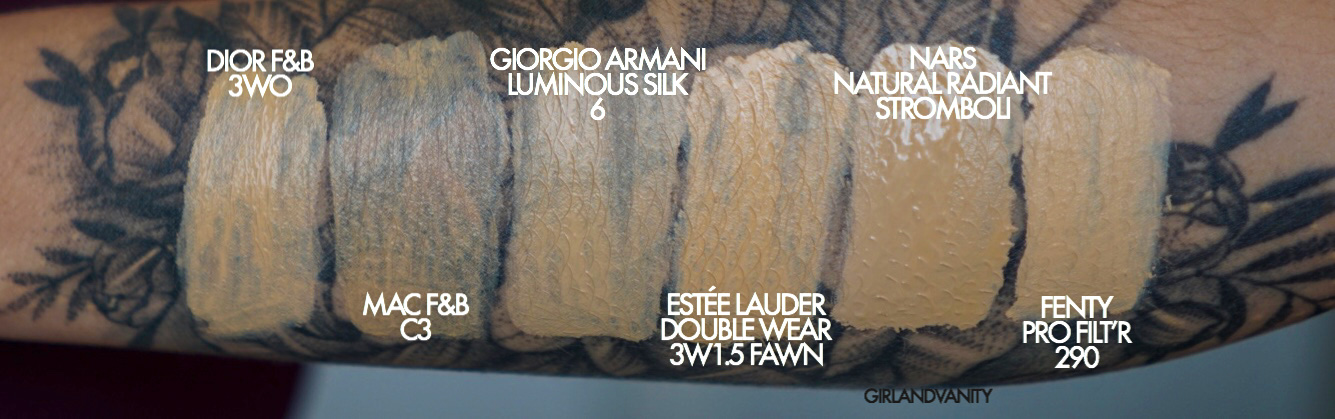 Dior Face & Body in 3WO 3 Warm Olive vs. MAC Face & Body in C3 vs. Giorgio Armani Luminous Silk in 6 vs. Estee Lauder Double Wear in 3W1.5 Fawn vs. NARS Natural Radiant Foundation in Stromboli vs. Fenty Beauty Pro Filt'r Foundation in 290