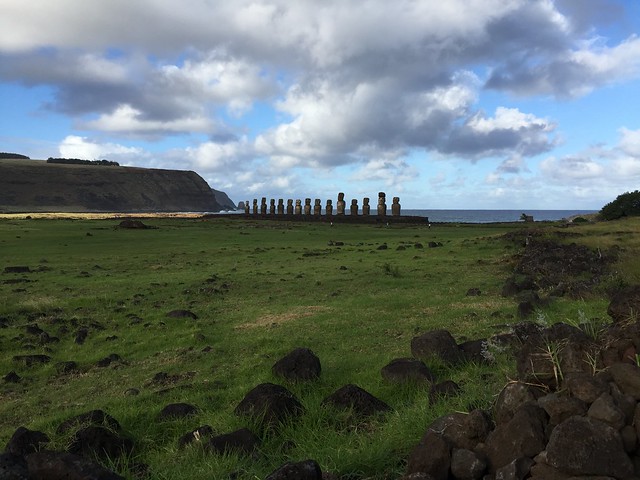 The Ahu Toŋariki in Hanga Nui Bay, Rapa Nui (Easter Island), the East Coast, Chile, Polynesia, Oceania.