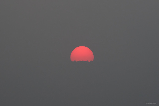 Smoke-obscured sun setting over Grand Mesa