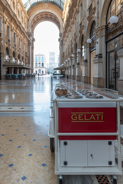 Ice cream cart in a historic gallery in the city of Milan