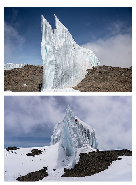 A fin of ice, part of Kilimanjaro’s Easter Icefield, in 2020 (top) and 2014 (bottom). The images show how much the ice feature has shrunk in the last six years.