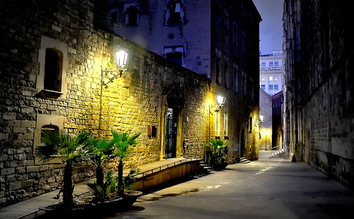 street road building architecture wall pared brick door window stair plant nature naturaleza tree palmtree dark shadow sky cielo cloud clouds shadows light farol lamp evening dusk anochecer color colour colores colours colors barcelona night nightshot nightview outside outdoor outdoors