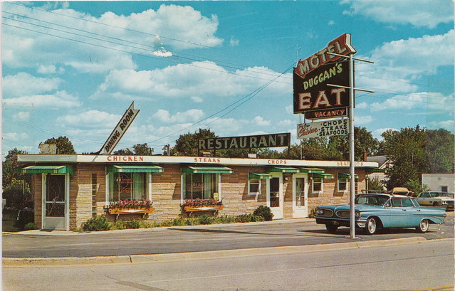 CEN Harrison MI c.1960s DUGGANS MOTEL AND RESTAURANT Motto WHERE FRIENDLY PEOPLE MEET AND EAT on US-27 Steaks Chops Chicken AND MORE Clare and Gladwin County History
