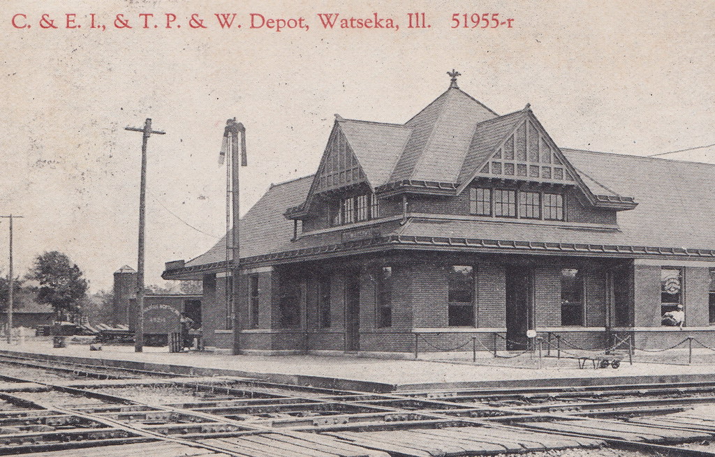 RR IL Watseka built in 1906 RAILROAD DEPOT DIAMOND CROSSING Interchange of the C. & E. I. and the T. P. & W Railway Lines c.1910 Chicago and Eastern Illinois Railroad  Toledo, Peoria and Western Railway1