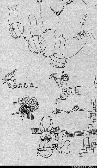 Doodles - DNA wrapped around histones + a drink + an insect + a cow | Probably late 2001