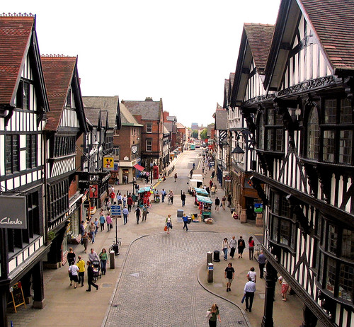 chester eastgate street view foregate wood uk travel summer england urban panorama white black canon buildings is movement cheshire britain framed united great victorian style kingdom tudor s1 stitched revival s1is 英国 英格蘭 切斯特