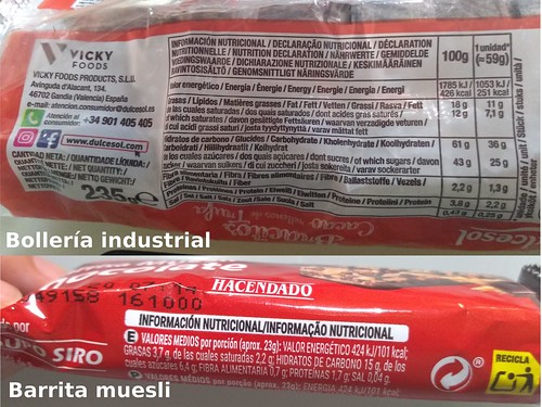 Tablas nutricionales de bollería industrial de DulceSol y barra de muesli Hacendado