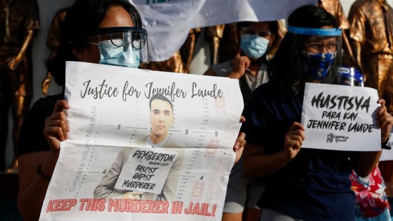 菲律賓總統杜特蒂特赦殺害跨性別女子的美國士兵，被示威者批評「嘲弄司法」。（圖片來源：Rolex dela Pena/EPA）