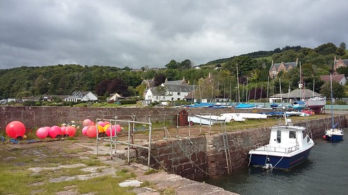 fortrose harbour buoys colours boats old stone houses grey sky clouds warm pleasant water allanmaciver