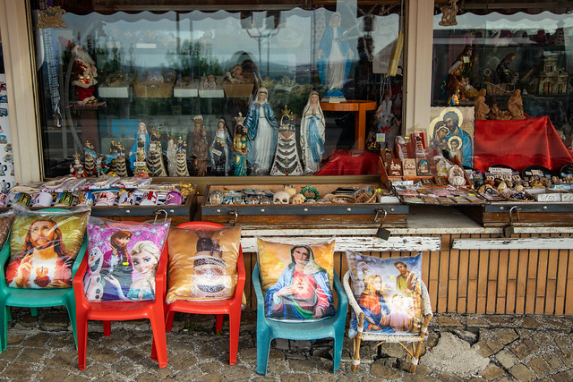 A shop in Loreto, Italy, with an interesting mixture of kitsch and religious devotional objects